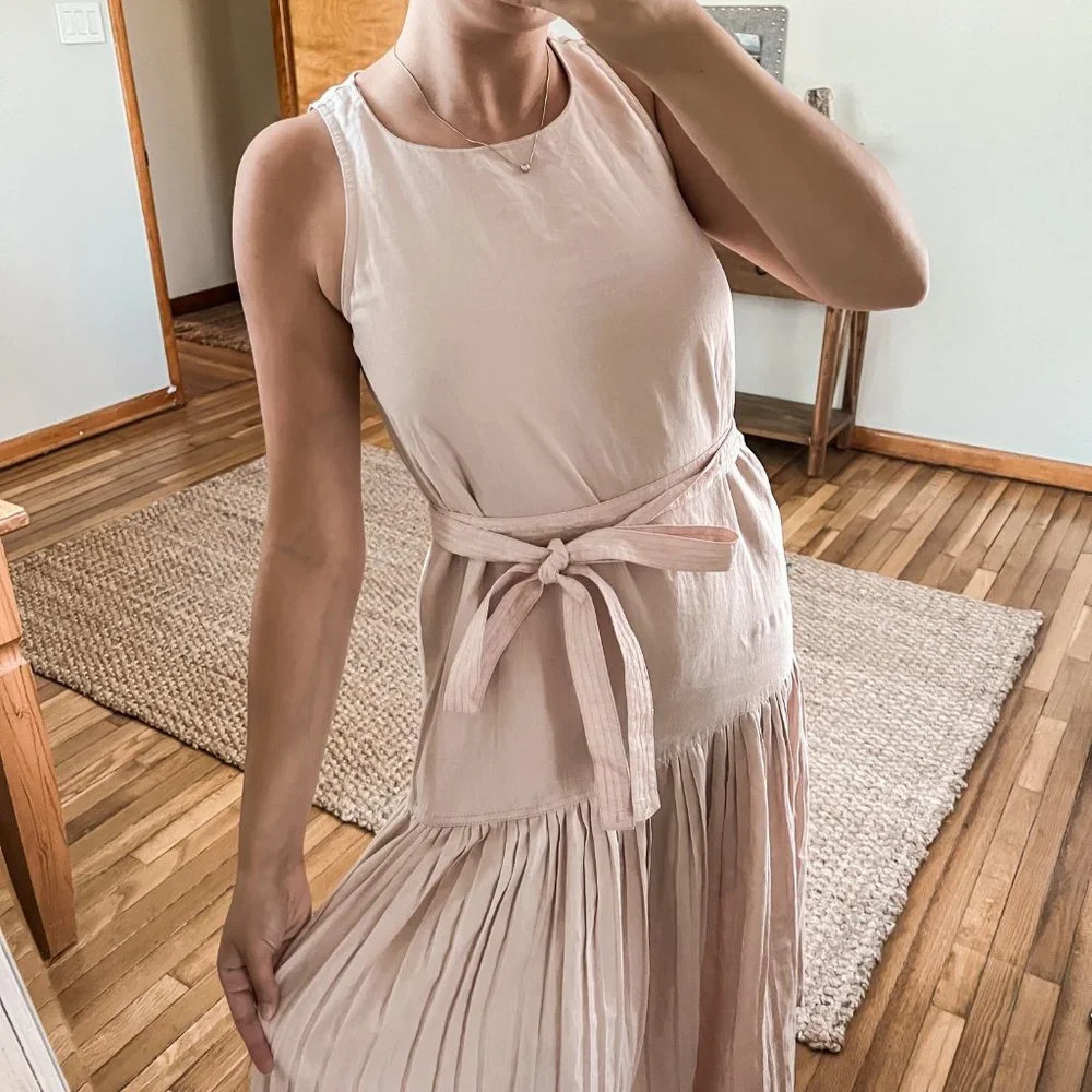 Rebecca Taylor Light Pink Linen Sleeveless Pleated Preppy Maxi Dress M NWT